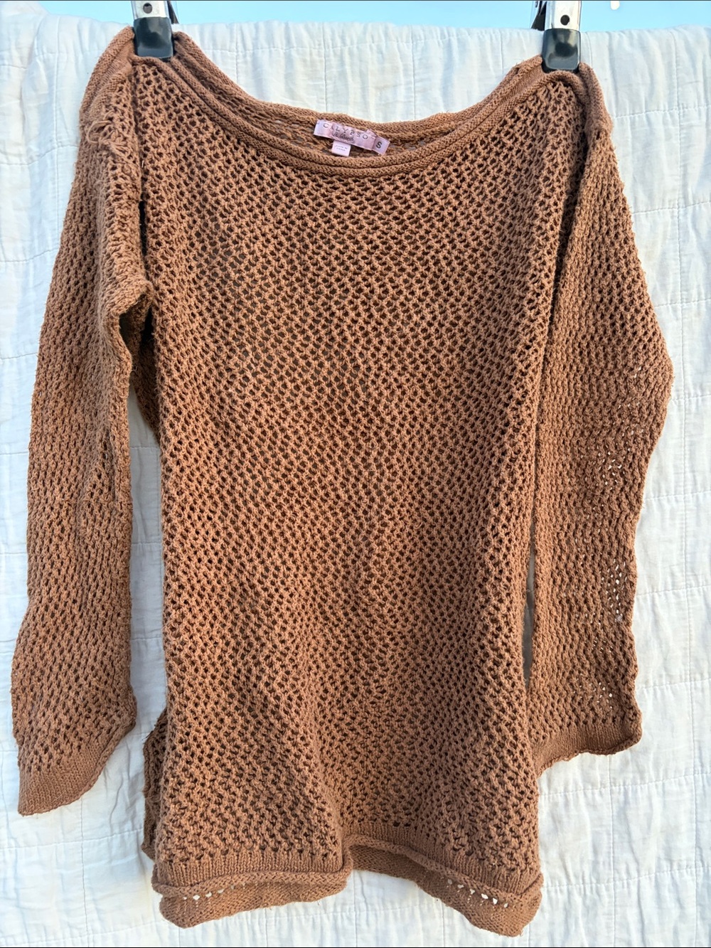 Calypso St. Barth Open-Knit Off-Shoulder Sweater in Warm Brown